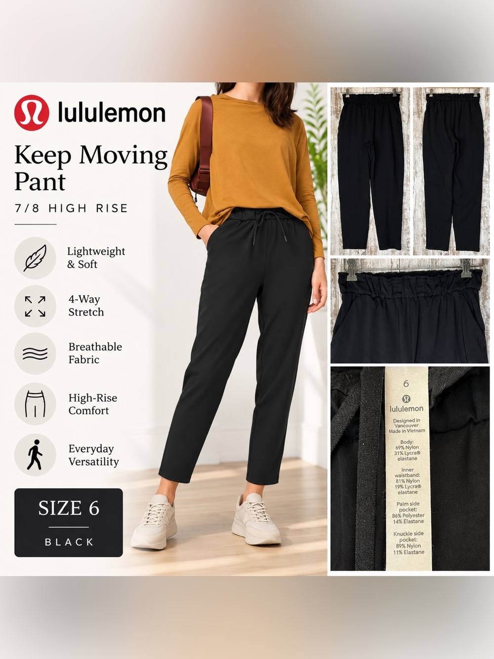 Lululemon Keep Moving Pant 7/8 High Rise Size 6 Black